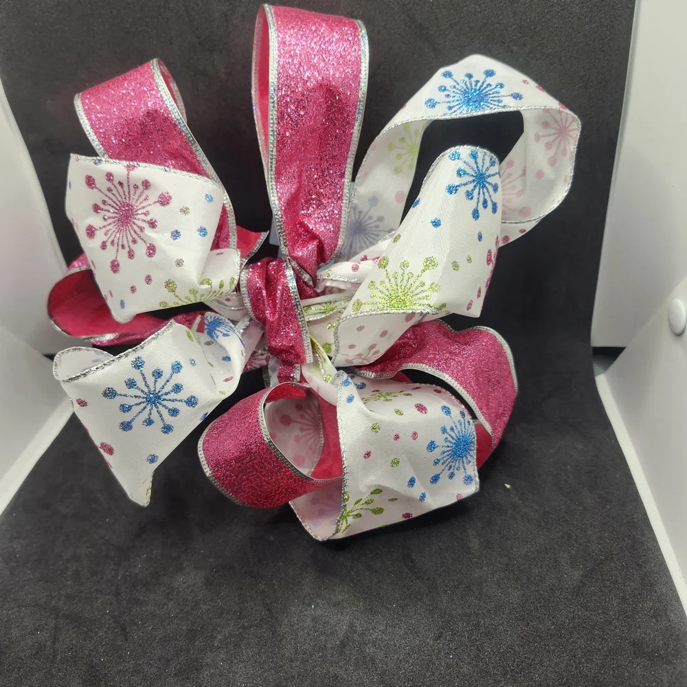 Pink and White Glitter Bow Hair Barrette Clip